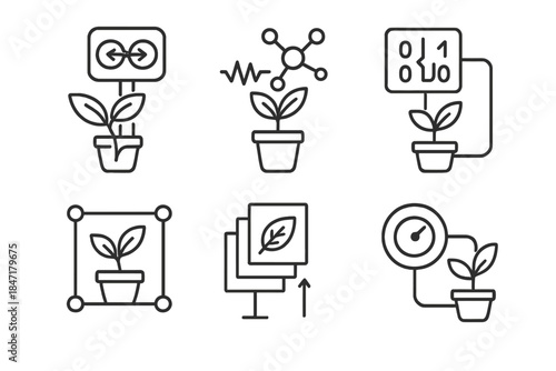 Quantum Plant Research Icons. Line style icons of quantum plant research devices: entangled foliage sensor, molecular