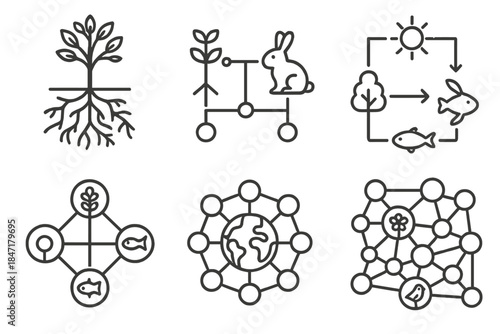 Natural Network Icons. Line style icons of natural network connections: root-fungi interface map, plant-animal linkage grid,