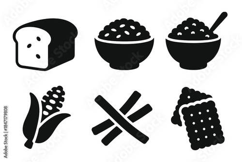 Grains and Cereals Icons. Solid style icons of grains and cereals: bread loaf, rice bowl, oatmeal, corn cob, pasta, crackers No