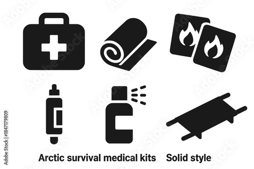 Arctic Survival Icons. Solid style icons of arctic survival medical kits: first aid box, thermal blanket, hand warmers, emergency