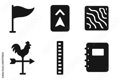 Solid Style Icons. Solid style icons of environmental observation markers: survey flag, trail marker, topographic map, weather