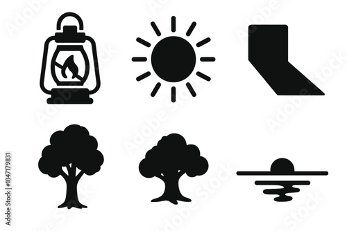 Light and Shadow Icons. Solid style icons of early light compositions: lantern, sun rays, shadow cast, reflective water, tree