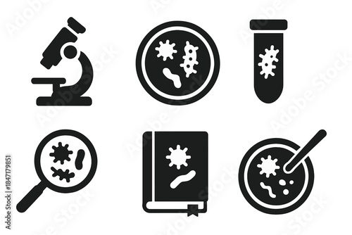 Microbiology Icon Set. Solid style icons of extreme microbe classification: microscope, petri dish, culture tube, magnifying glass