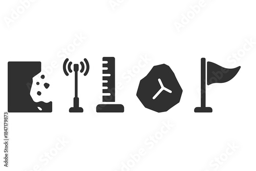 Erosion Monitoring Icons. Solid style icons of erosion monitoring systems: cliff edge, sensor pole, measurement tape, rock