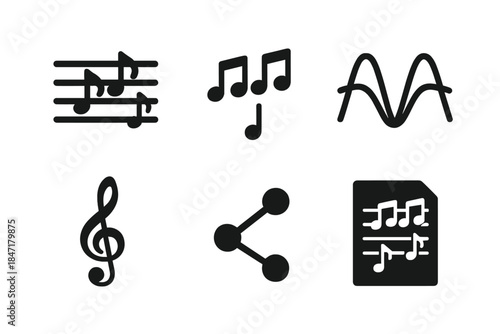 Polyphony Diagram Icons. Solid style icons of polyphony diagramming: staff lines, multiple notes, overlapping waveforms, clef,