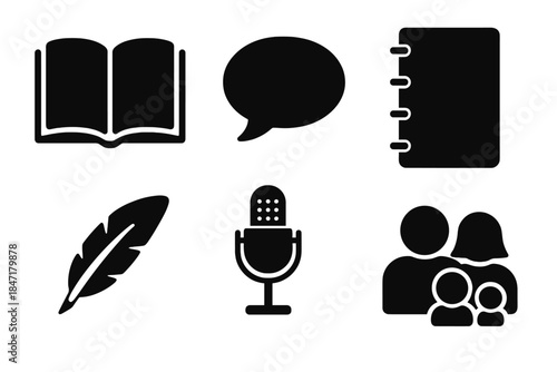 Family Story Icons. Solid style icons of family story collection: open book, speech bubble, notebook, quill, audio recorder,