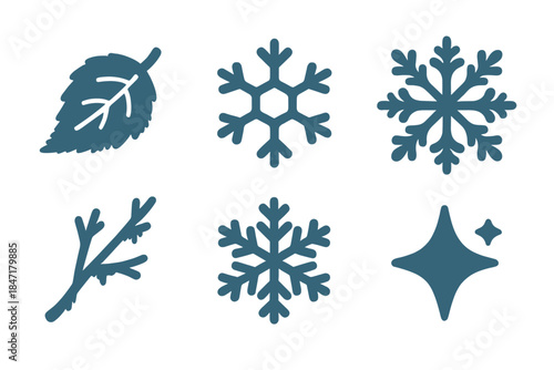 Frost Icons Collection. Solid style icons of frost forming harmonious arrangements: frosted leaf, ice crystal, symmetrical pattern