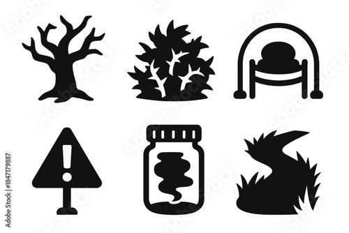 Nightmare Habitat Icons. Solid style icons of nightmare habitat preservation tools: dark tree, thorny bush, protective barrier,