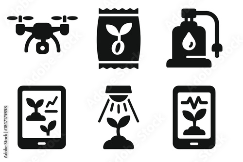 Interstellar Farming Icons. Solid style icons of interstellar farming tools: drone, seed container, nutrient pump, control tablet,