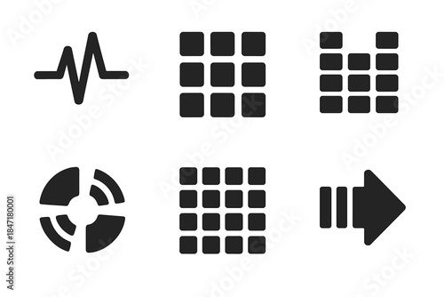 Rhythmic Icon Collection. Solid style icons of rhythmic assembly indicators: heartbeat lines, tile clusters, pattern sequences,