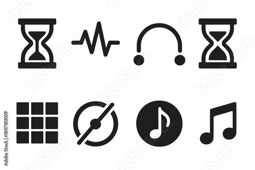 Geometric Music Icons. Solid style icons of temporal music geometers: hourglass shapes, pulse lines, rhythmic arcs, sand flow