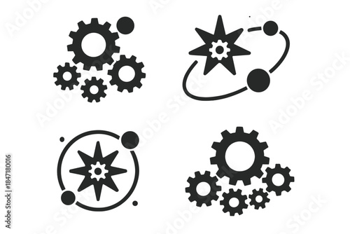 Celestial Gear Icons. Solid style icons of celestial gear systems: planetary cogs, star wheels, orbiting mechanisms, cosmic gear