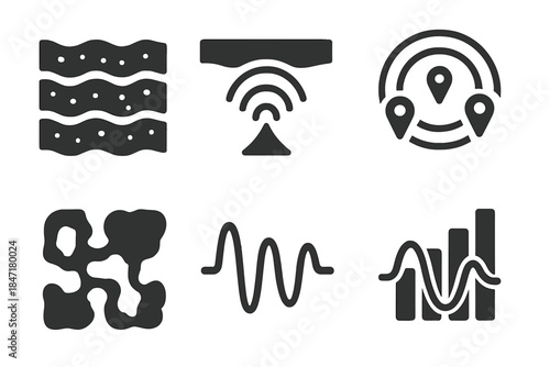Subterranean Vibration Icons. Solid style icons of subterranean vibration analysis: rock layers, sound beams, echo markers, cave