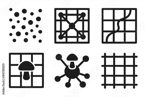 Spore Distribution Grids. Solid style icons of spore distribution grids: scattered spores, network arrays, mapping lines, mushroom