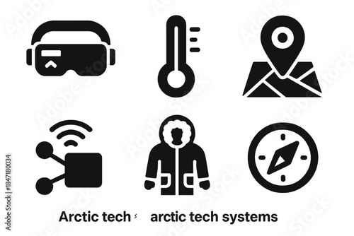 Arctic Tech Icons. Solid style icons of arctic tech systems: wearable displays, temperature gauges, GPS indicators, sensor nodes,