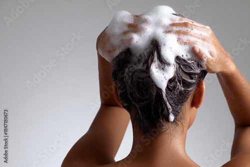 Hispanic woman washing hair with foamy shampoo lather from behind view
