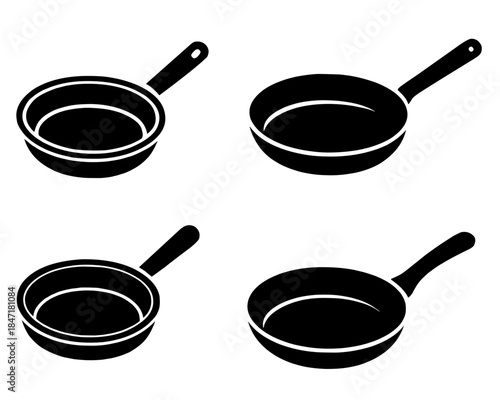Kitchen utensils icons, 4 frying pan illustrations, black, transparent background
