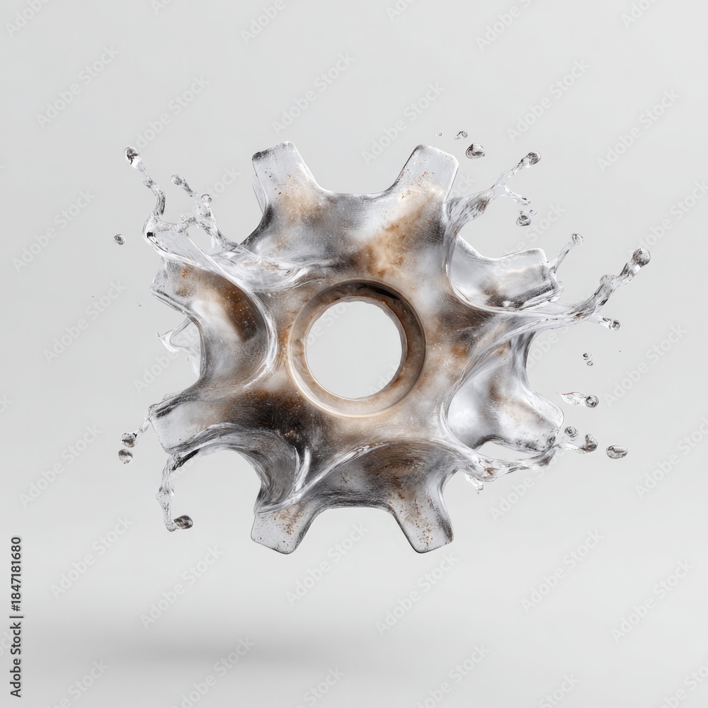 Fototapeta premium Frozen metal gear in ice on white background - symbol of cold industry and mechanical design for creative concepts