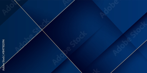 Futuristic abstract dark blue background with realistic cross shadow and gold lines. Dark design with 3D concept. Blue technology background. Eps10 vector