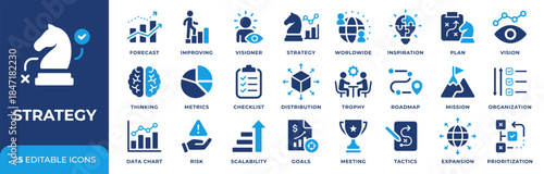 Strategy icon set. Business strategy icons collection. Action planning and corporate management concept. Data chart, analysis, roadmap, metrics and vision symbols. Trophy, success, mission and vision.