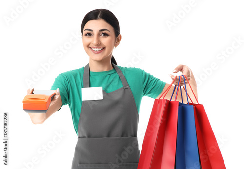 Female cashier with payment...