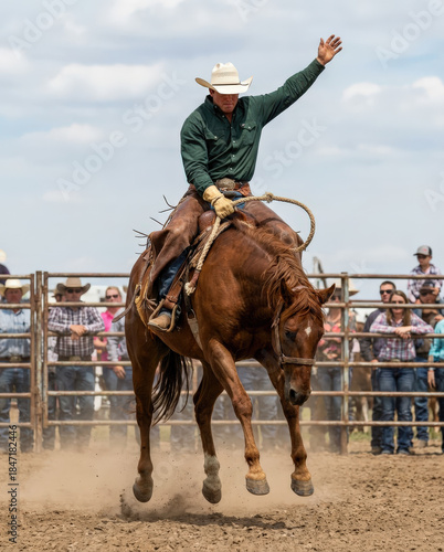 An exciting moment in an arena where a cowboy tries to tame a wild horse.