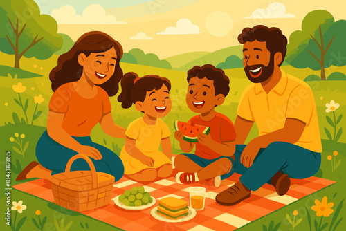 Cheerful Family Picnic. Cheerful family picnic in a sunny meadow, vector illustration vibrant natural tones, soft warm lighting,