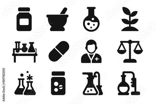 Pharmaceutical Icon Collection. Solid style icons of pharmaceutical history: apothecary jar, pill mortar, alchemy flask, drug