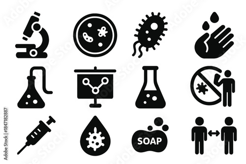 Germ Theory Icons. Solid style icons of germ theory revolution: microscope, Petri dish, bacterial cell, handwashing symbol,