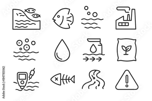 Coastal Pollution Icons. Line style icons of Coastal Pollution: Dead Zone, Fish Gill, Low Oxygen, Nutrient Overflow; Algae Bloom,