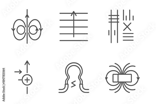 Electric and Magnetic Icons. Line style icons of Electric and Magnetic Forces: current-carrying wire in field, field vector