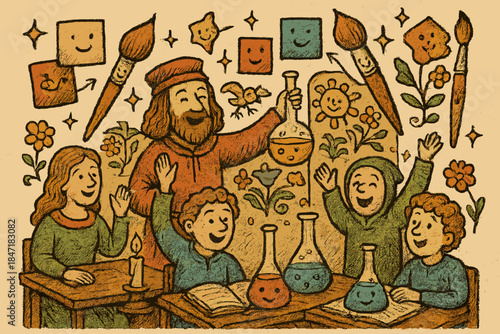 Whimsical Medieval Chemistry. Whimsical doodle medieval art chemistry classroom with happy students, cartoon paint samples