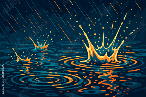 Raindrops in Puddle. Dynamic close-up of raindrops splashing into a puddle, sharp textures, vector illustration and vibrant