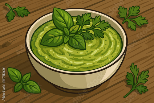 Creamy Pesto Delight. Bowl of creamy pesto garnished with fresh herbs, vibrant green tones, served on a rustic table, sharp vector