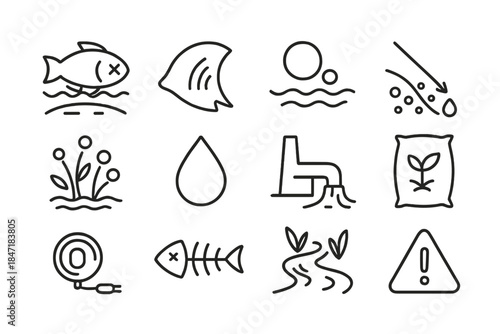 Aquatic Health Icons. Line style icons of Aquatic Health: Dead Zone, Fish Gill, Oxygen Depletion, Nutrient Runoff; Algae Bloom,