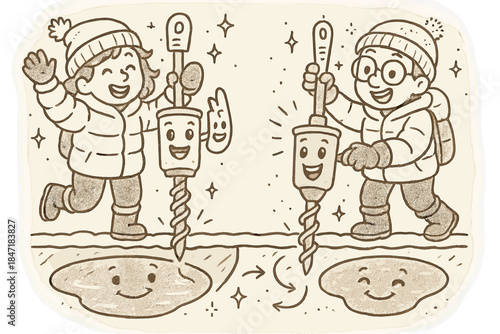 Whimsical Glacial Expedition. Magical doodle subglacial research expedition with cheerful researchers, cartoon ice drills with