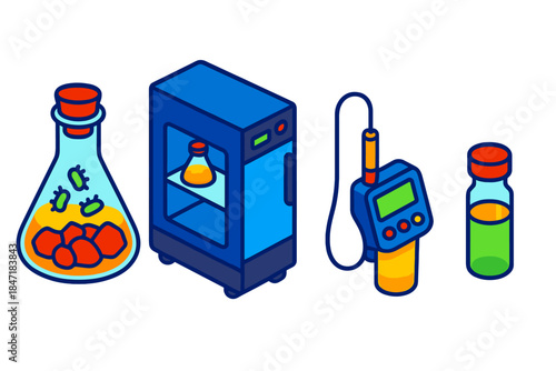 Bioleaching Lab Icons. Isometric vector illustration set Bioleaching Lab Setup: Flask with ore and bacteria, incubator for
