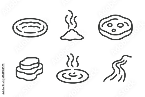 Hydrothermal Icons Collection. Line style icons of Hydrothermal Features: hot spring pool, steam vent, mud pot, silica terrace,