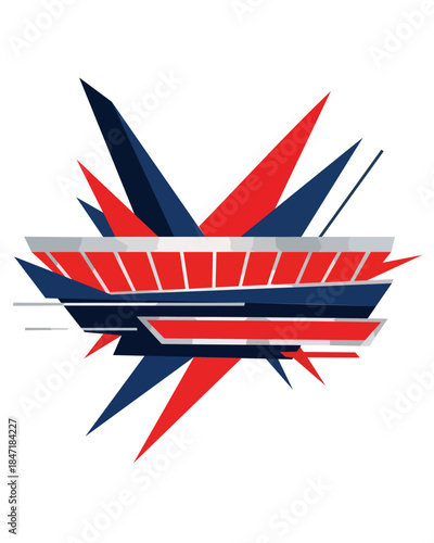 Abstract geometric illustration of a stadium structure with dynamic red, white, and blue shards radiating outwards, suggesting speed and energy