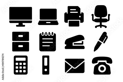 Office Equipment Icons. Solid style icons of Office work: desktop computer, laptop, printer, office chair, filing cabinet, notepad