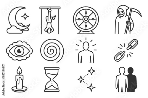 Mystical Tarot Icons. Line style icons of fatalistic visions: tarot moon, hanged man, wheel of fortune, death card; cloudy eye,