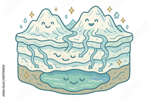 Cheerful Subglacial Scene. Whimsical doodle subglacial lake with smiling ice layers, cartoon meltwater streams flowing, cheerful