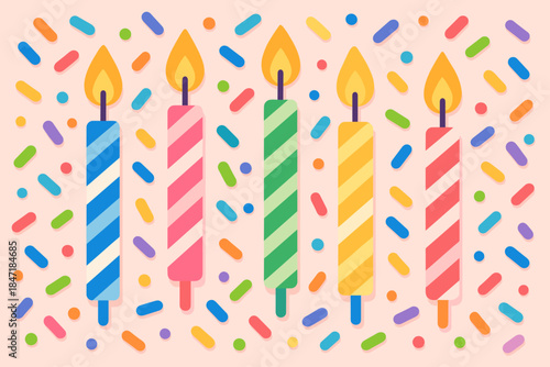 Playful Birthday Scene. Playful arrangement of colorful birthday candles surrounded by sprinkles vector illustration on a pastel