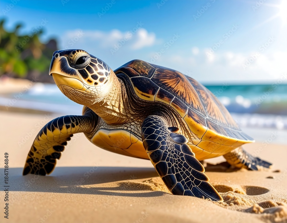 Obraz premium A majestic sea turtle basking on a sunlit sandy beach