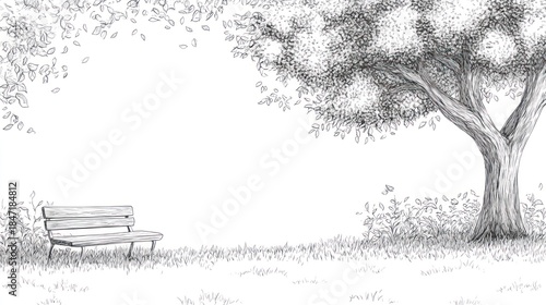 Black and white sketch of a park scene with a bench and tree