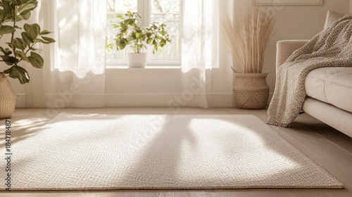 Bright room interior with rug sunlight and decorative elements