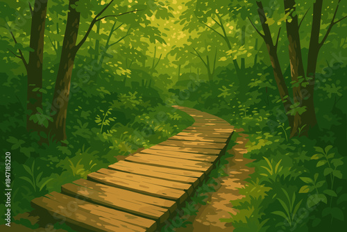 Serene Forest Pathway. Rustic wooden path winding through a lush green forest, dappled sunlight vector illustration filtering