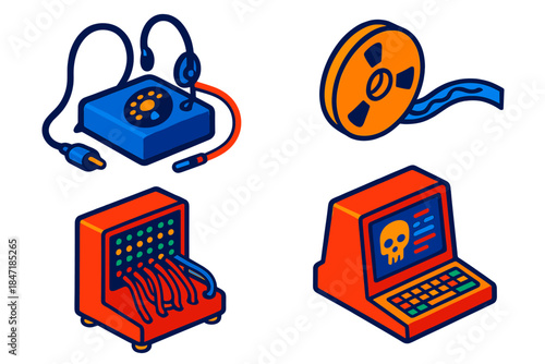Historical Telecom Hacking. Isometric vector illustration set Historical Telecommunications Hacking: Operator bypass cable, tone