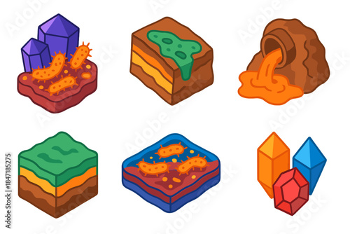 Geomicrobiology Icon Set. Isometric vector illustration set Geomicrobiology: bacteria driving mineral formation, rock surface