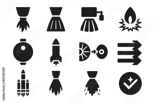 Rocket Propulsion Icons. Solid style icons of rocket propulsion in space: rocket engine, thruster nozzle, ion propulsion, plasma